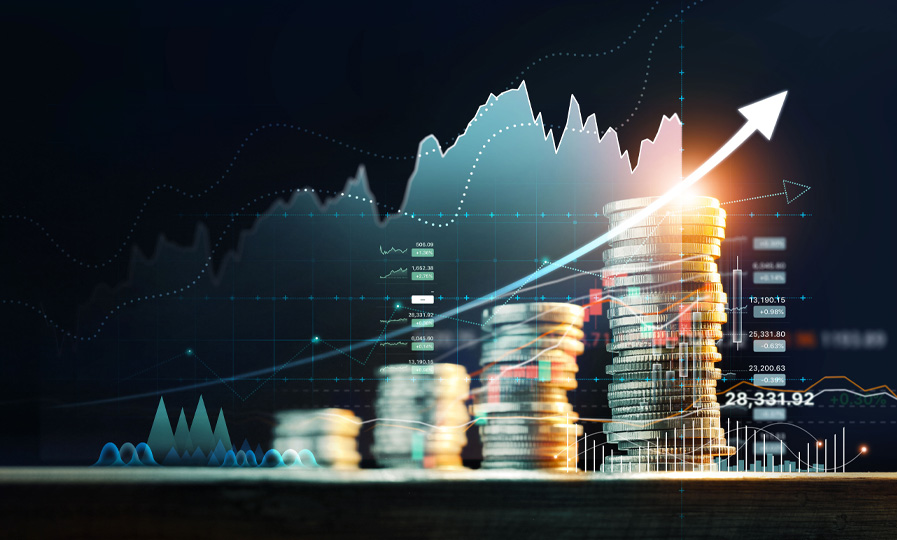 Imagem simbolizando o mercado financeiro, com moedas empilhadas e um gráfico no fundo.